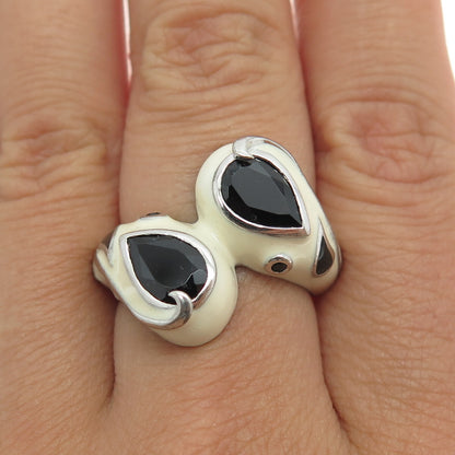 EMA 925 Sterling Silver Enamel & Black Spinel Modernist Bypass Ring Size 8