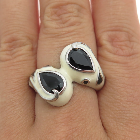 EMA 925 Sterling Silver Enamel & Black Spinel Modernist Bypass Ring Size 8