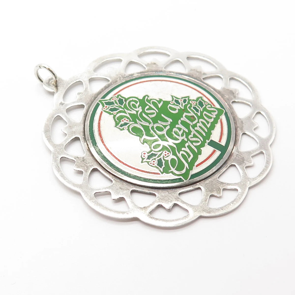 925 Sterling Silver Vintage Lunt 1981 Enamel Wish You A Merry Christmas Pendant