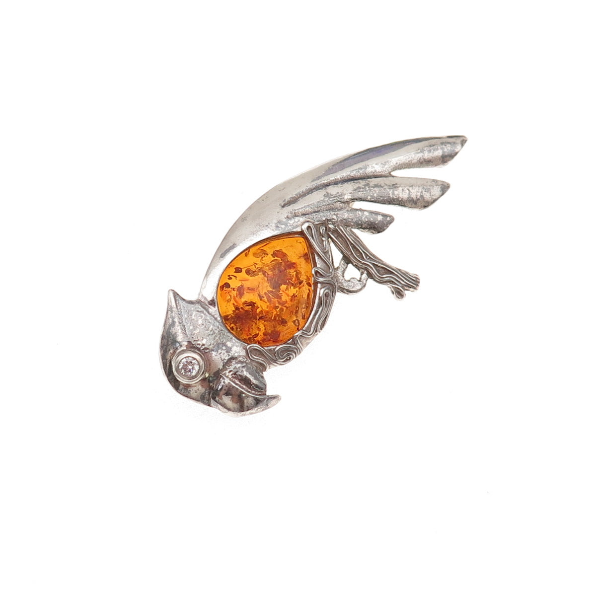 925 Sterling Silver Vintage Real Amber Parrot Bird Oxidized Pin Brooch / Pendant