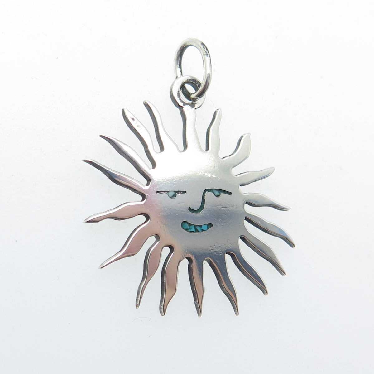 925 Sterling Silver Vintage Real Turquoise Inlay Sun Charm Pendant