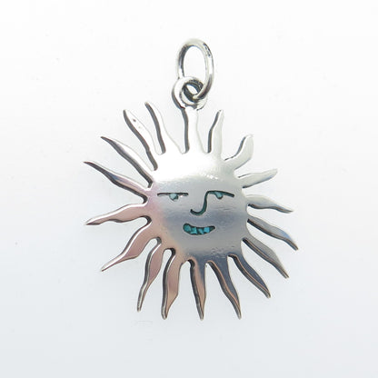 925 Sterling Silver Vintage Real Turquoise Inlay Sun Charm Pendant