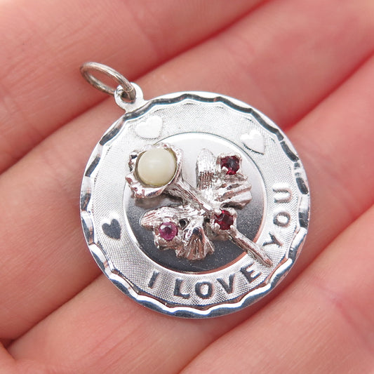 925 Sterling Silver Vintage Faux Pearl Real Ruby & Red Garnet I Love You Pendant