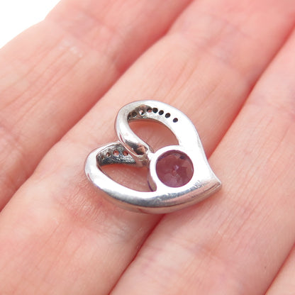 925 Sterling Silver Real Amethyst & C Z Heart Minimalist Charm Pendant