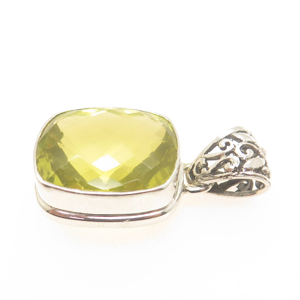 925 Sterling Silver Vintage Real Cushion-Cut Lime Citrine Ornate Pendant