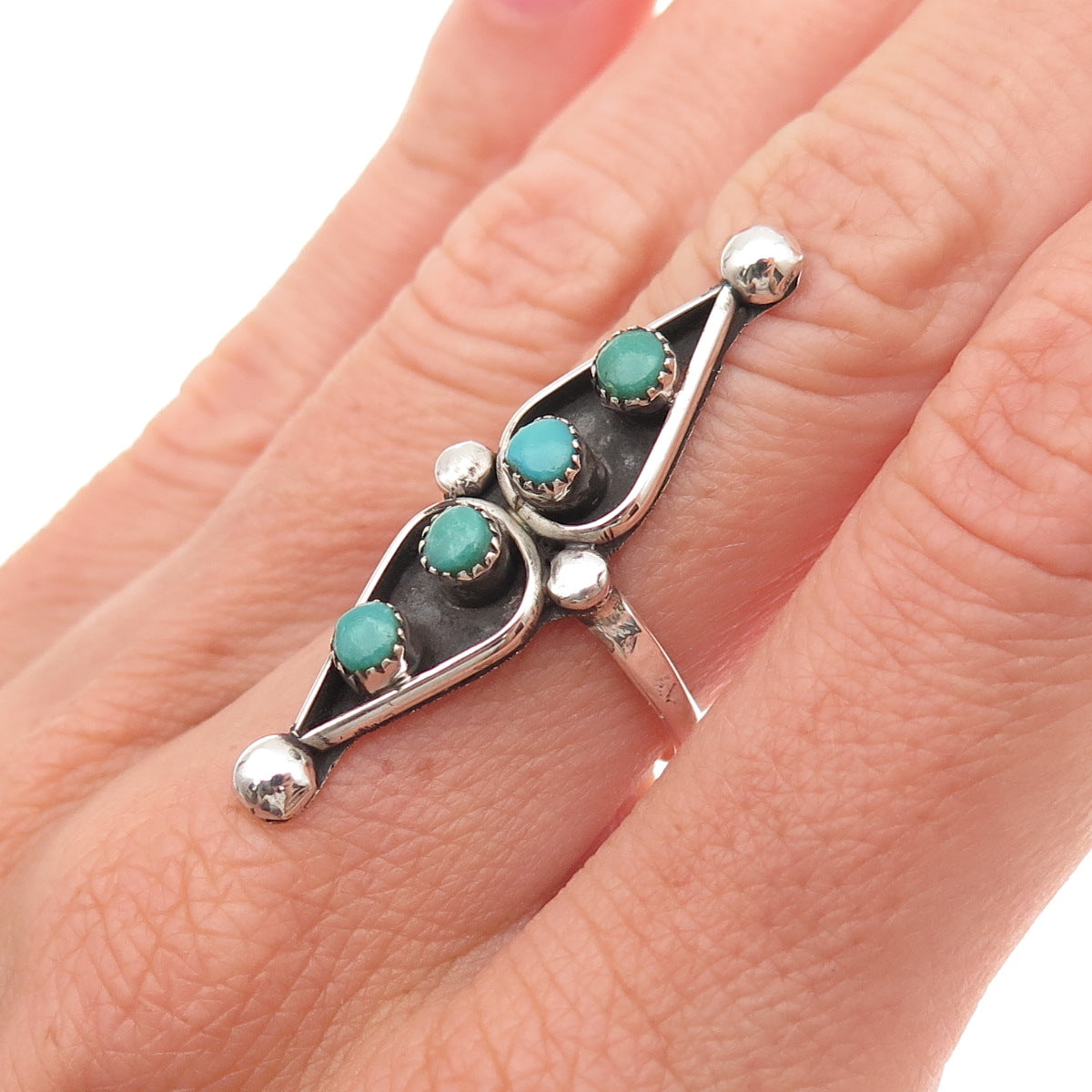 Old Pawn 925 Sterling Silver Vintage Turquoise Snake Eye Tribal Ring Size 6.75