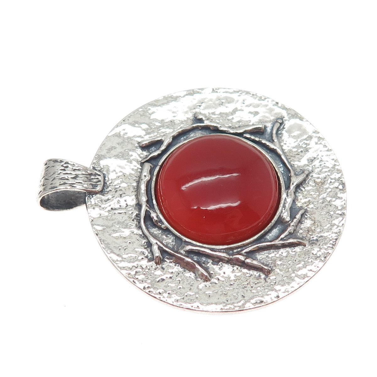 925 Sterling Silver Vintage Israel Real Carnelian Modernist Disc Pendant