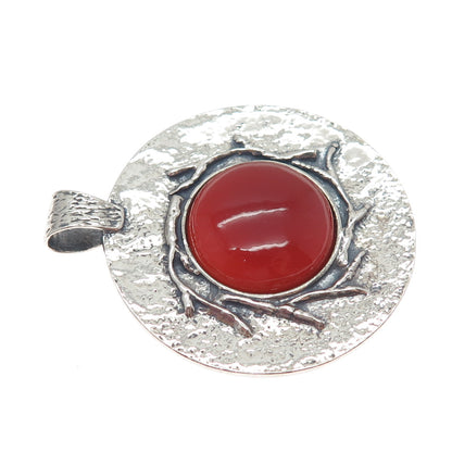 925 Sterling Silver Vintage Israel Real Carnelian Modernist Disc Pendant