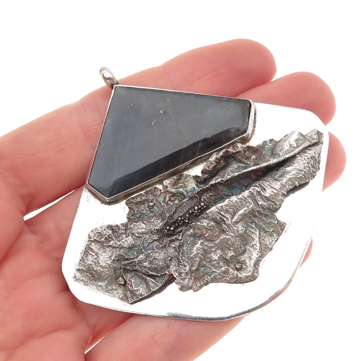 925 Sterling Silver Vintage Real Labradorite Modernist Large 31.0g Pendant