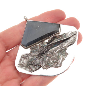 925 Sterling Silver Vintage Real Labradorite Modernist Large 31.0g Pendant