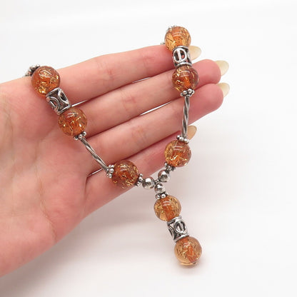 925 Sterling Silver Vintage Real Rutilated Quartz Ethnic Bar Chain Necklace 20"