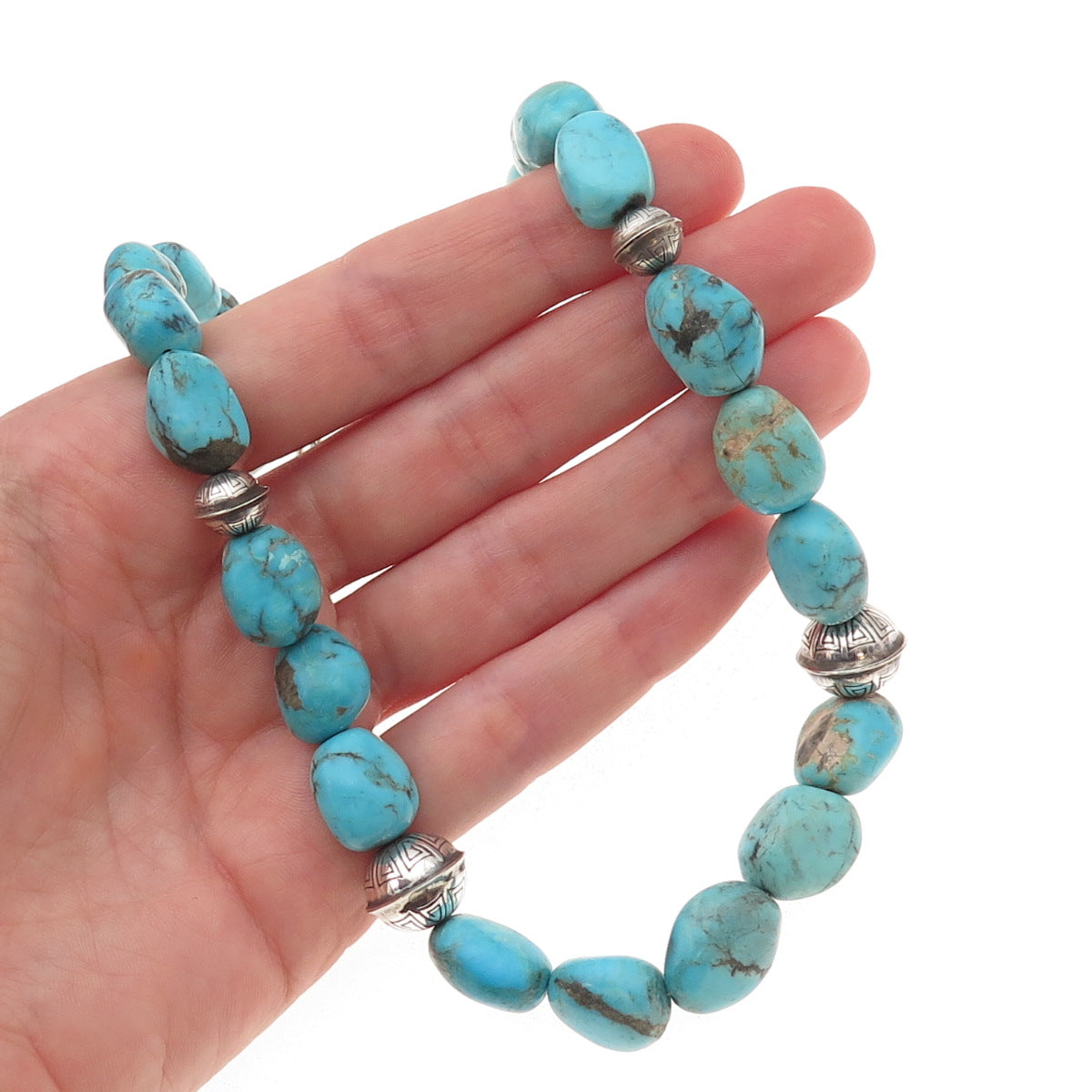 Running Bear & Sunrise Old Pawn Sterling Turquoise Navajo Pearls Necklace 16-18"