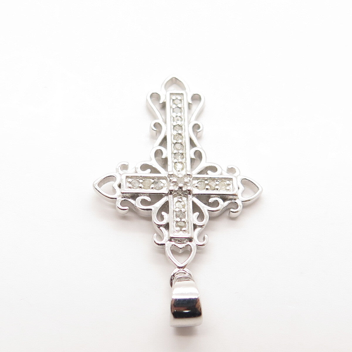 HAN 925 Sterling Silver Real Round-Cut White Diamond Cross Pendant