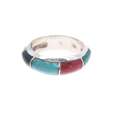 Jared Chavez Old Pawn Sterling Turquoise Malachite Coral Onyx MOP Ring Size 6.5