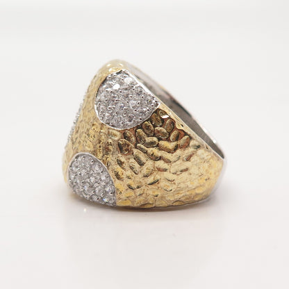 925 Sterling Silver Gold Plated Pave C Z Hammered Finish Wide Ring Size 8.25