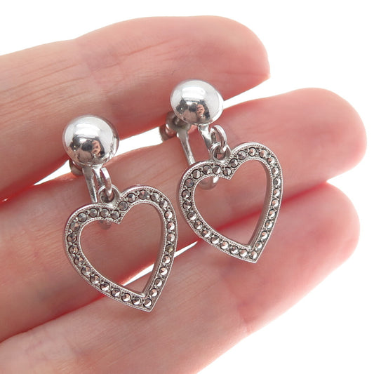 925 Sterling Silver Antique Art Deco Real Marcasite Heart Screw Back Earrings