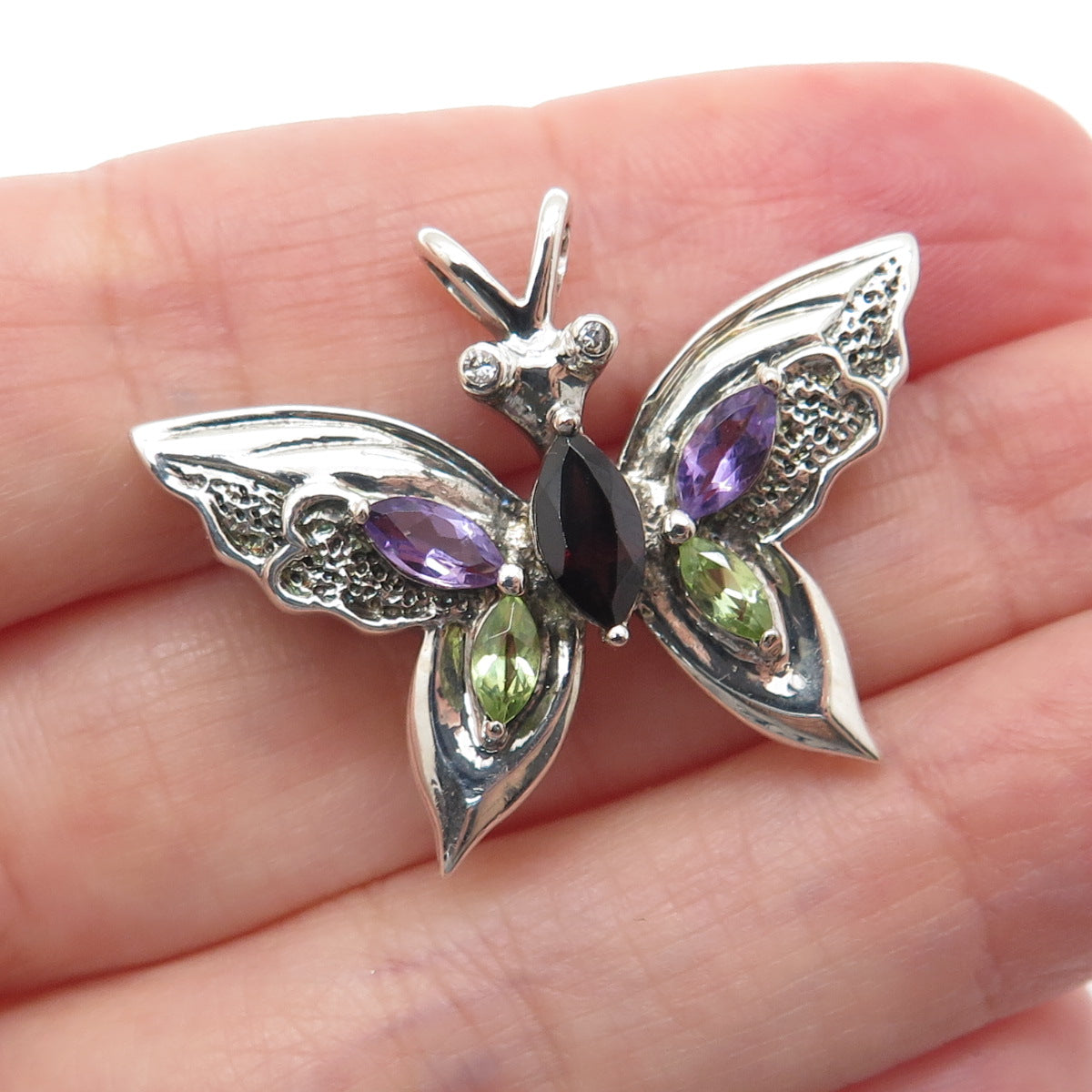 925 Sterling Vintage Real Peridot Amethyst Garnet & C Z Butterfly Brooch Pendant