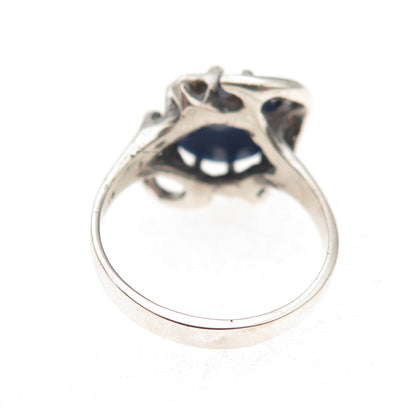 925 Sterling Silver Vintage Real Sapphire Modernist Oxidized Ring Size 7.25