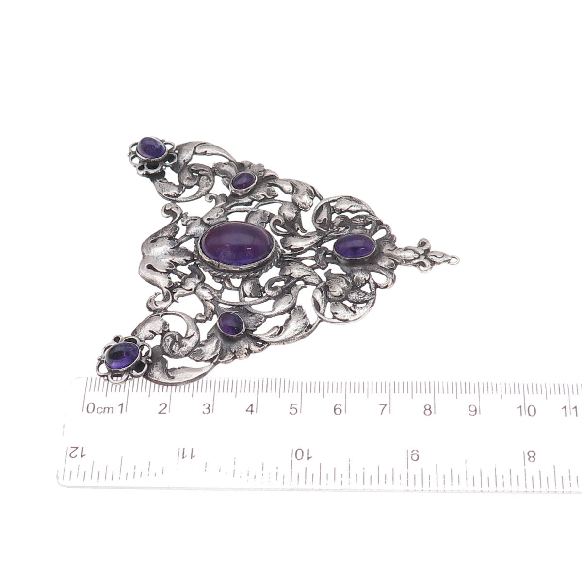 925 Sterling Silver Antique Art Deco Real Amethyst Floral Centerpiece Pendant