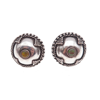 925 Sterling Silver Vintage Real Opal Cross Dome Oxidized Earrings