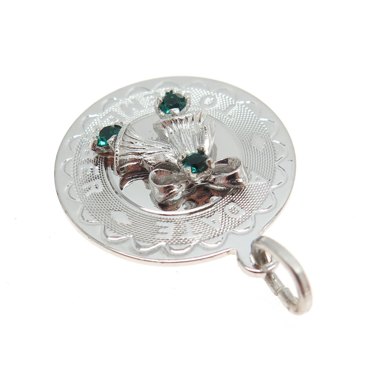 925 Sterling Silver Vintage Green Rhinestone "A Date to Remember" Bells Pendant