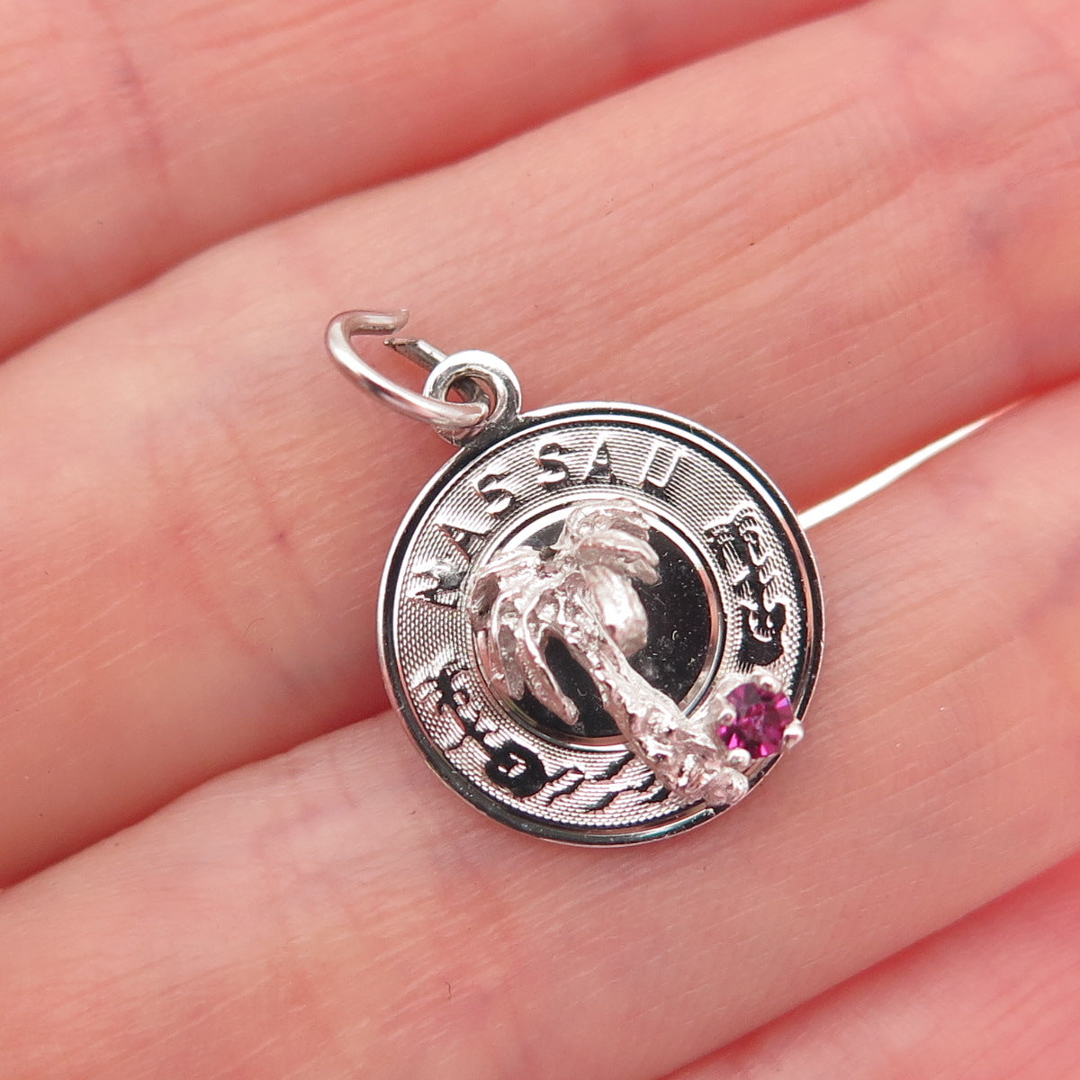 CREA 925 Sterling Silver Vintage Pink Rhinestone Nassau Palm Tree Mini Pendant