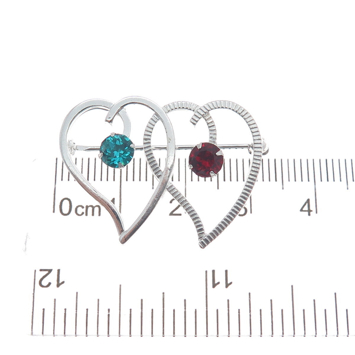VAN DELL 925 Sterling Silver Antique Art Deco Blue & Red Rhinestone Heart Brooch