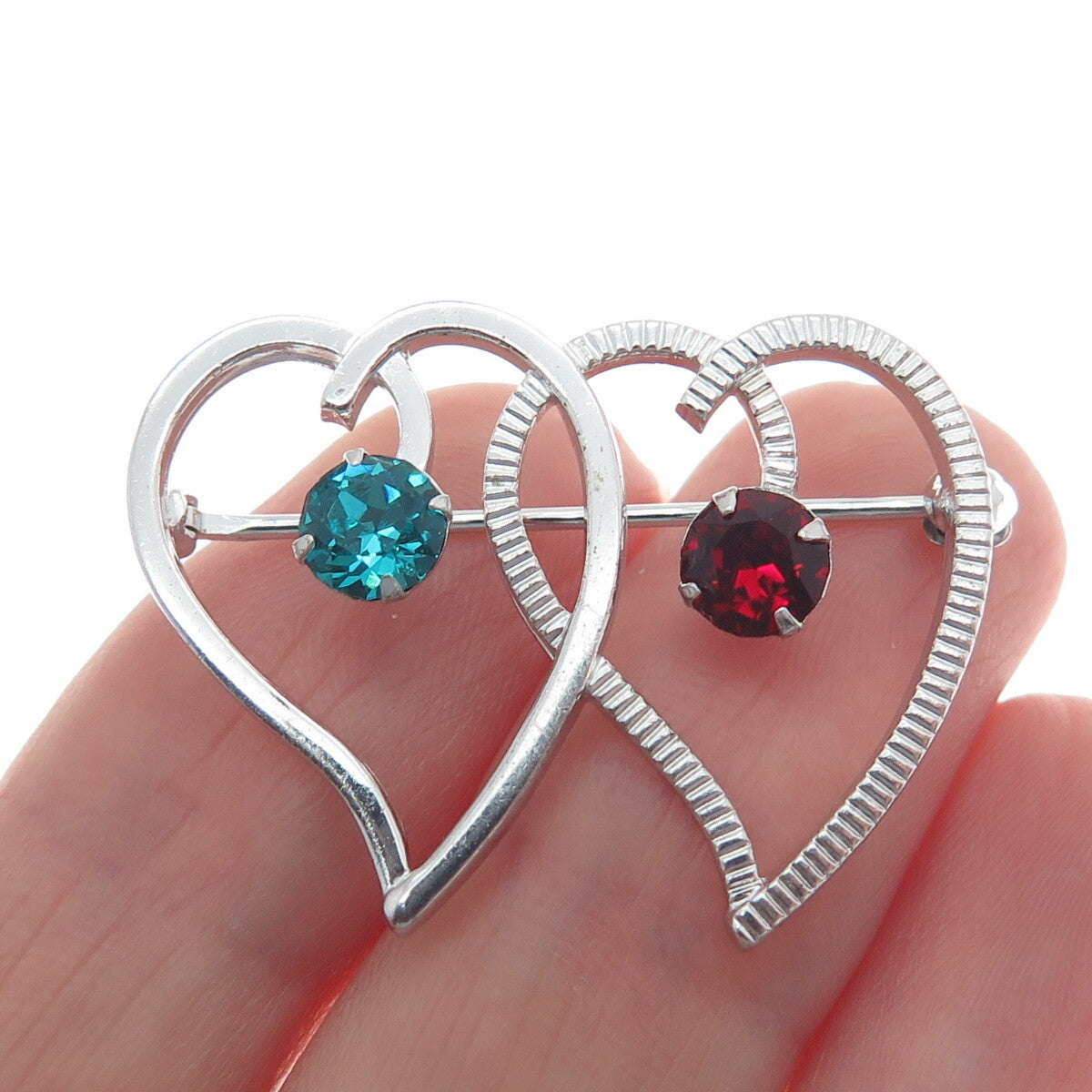 VAN DELL 925 Sterling Silver Antique Art Deco Blue & Red Rhinestone Heart Brooch