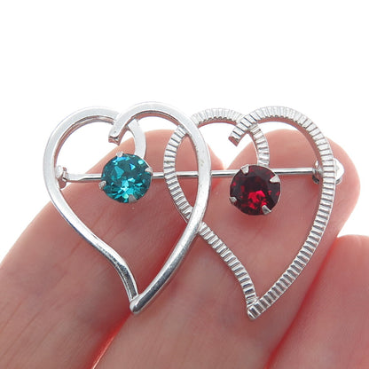 VAN DELL 925 Sterling Silver Antique Art Deco Blue & Red Rhinestone Heart Brooch