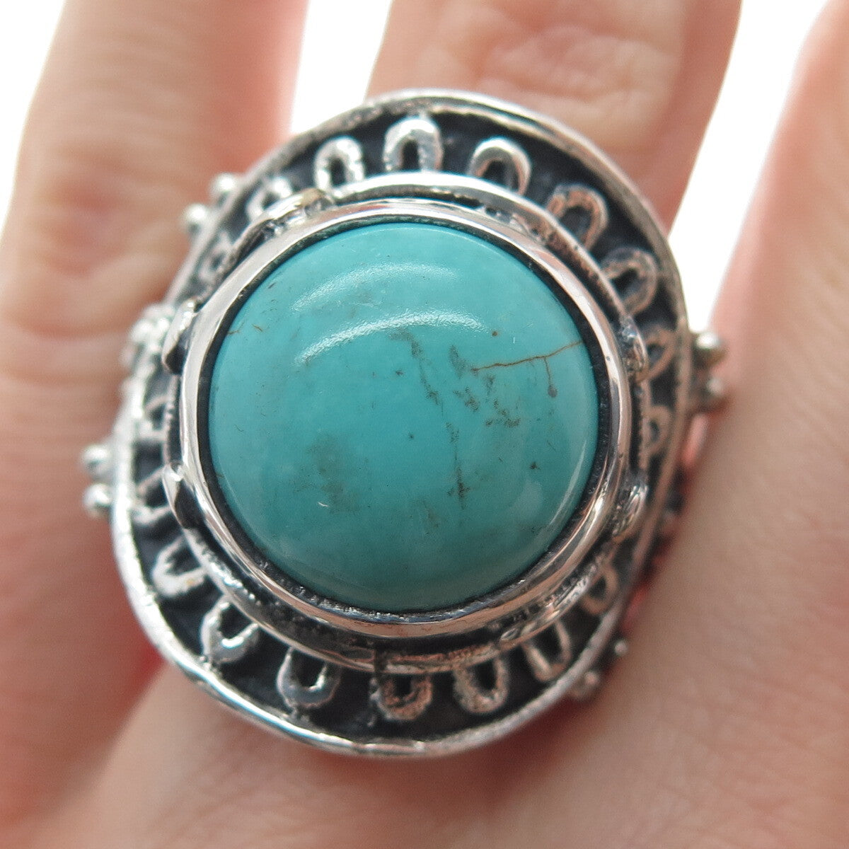 925 Sterling Silver Vintage Lone Mountain Turquoise Sun Oxidized Ring Size 10.5