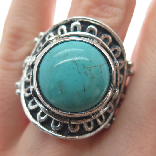 925 Sterling Silver Vintage Lone Mountain Turquoise Sun Oxidized Ring Size 10.5