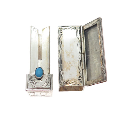 800 Silver Antique Art Deco Real Turquoise Engraved Tube Slide Lipstick Case