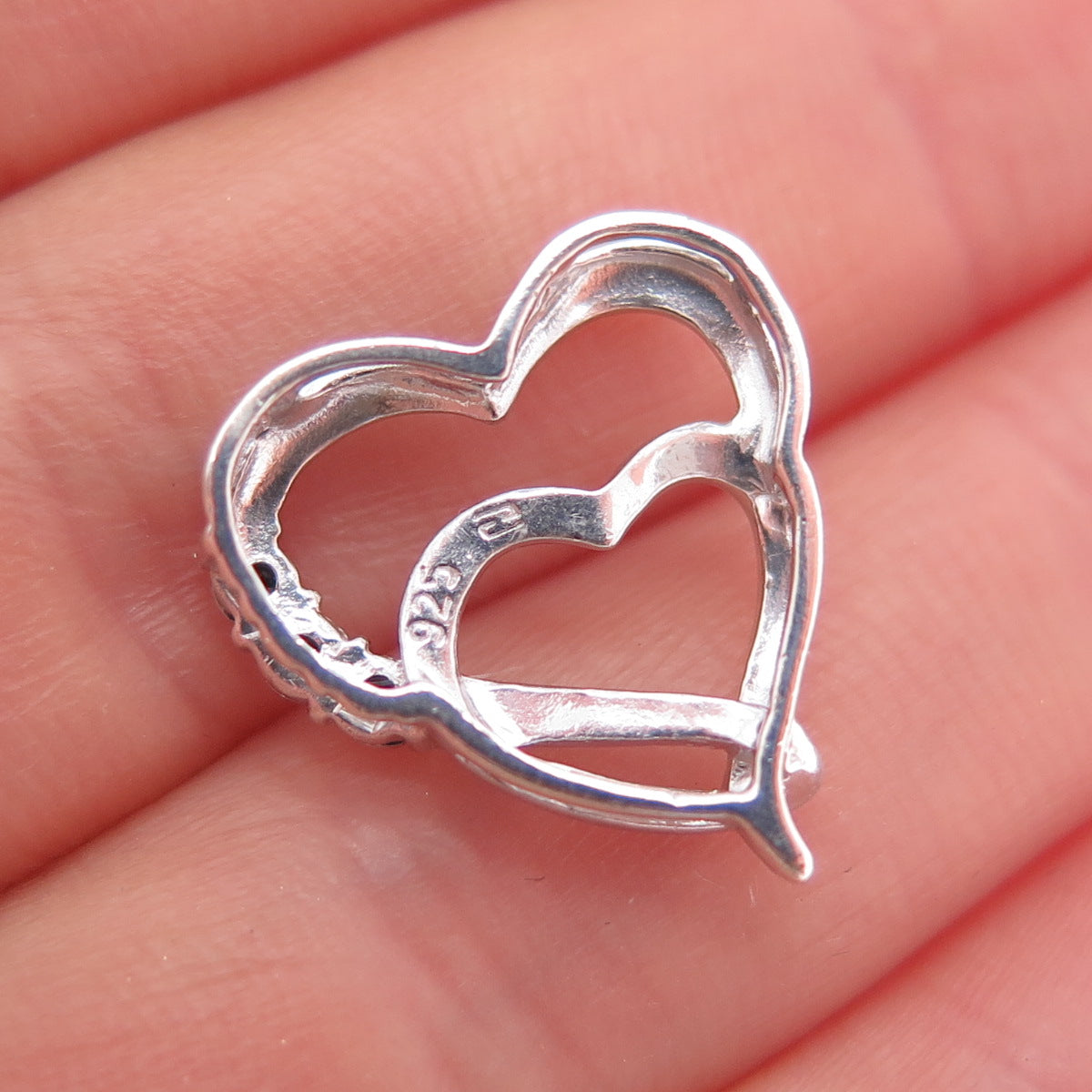 925 Sterling Silver Real Round-Cut Diamond Double Heart Mini Slide Charm Pendant
