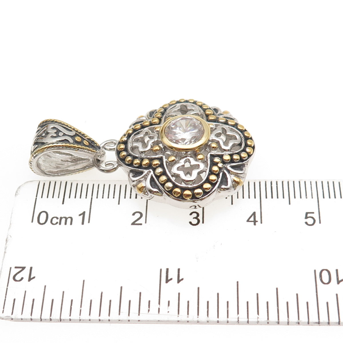 925 Sterling Silver 2-Tone Round-Cut C Z Beaded Cross Charm Pendant