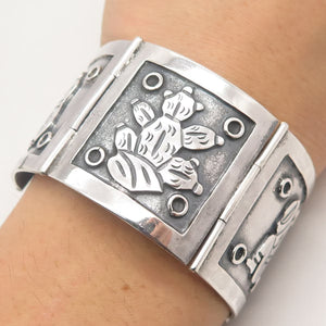 925 Sterling Silver Vintage Mexican Storyteller Wide Panel Link Bracelet 7.25"