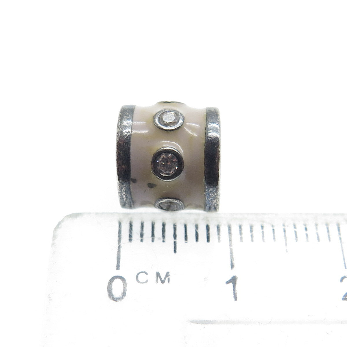 PANDORA 925 Sterling Silver Round-Cut Shaped C Z Cream Enamel Barrel Bead Charm