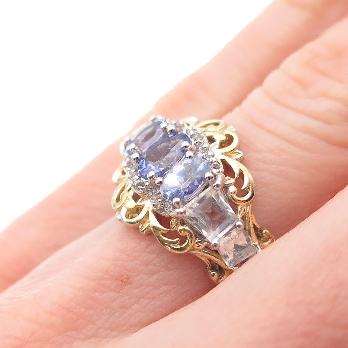 Chuck Clemency 925 Sterling 2-Tone Real Tanzanite & White Topaz Ring Size 5.25
