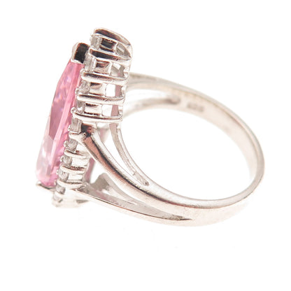 925 Sterling Silver Pear-Cut Pink & Round-Cut White C Z Ring Size 7