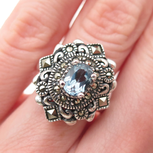 925 Sterling Silver Vintage Real Blue Topaz & Marcasite Oxidized Ring Size 5.75