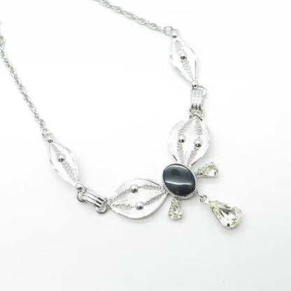 925 Sterling Silver Onyx & Rhinestone Filigree Double Cable Chain Necklace 18"
