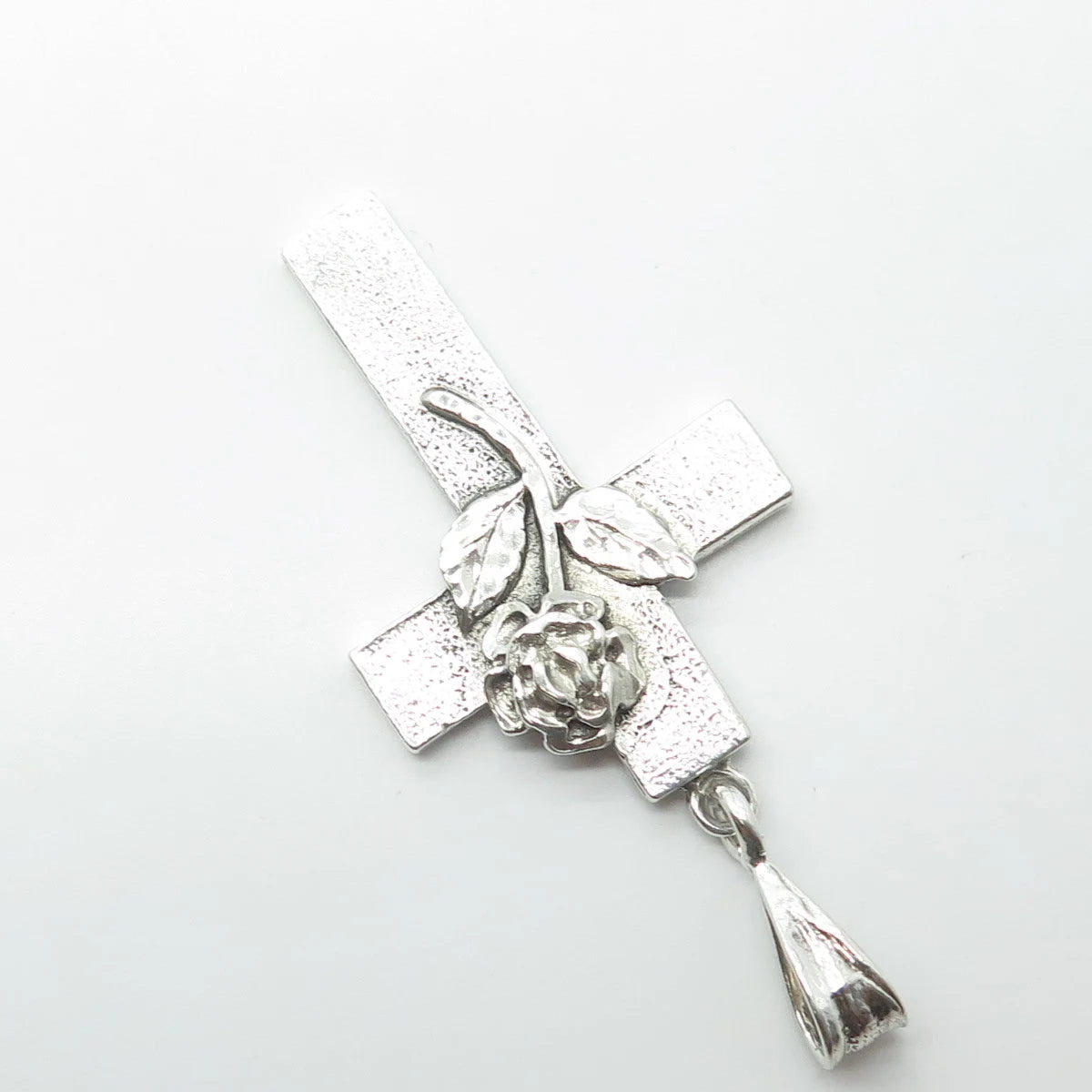 925 Sterling Silver Vintage Cross & Rose Flower Religious Pendant