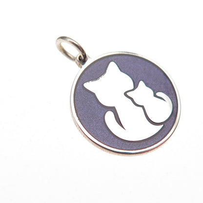 925 Sterling Silver Purple Enamel Mom & Child Cat Round Tag Mini Charm Pendant