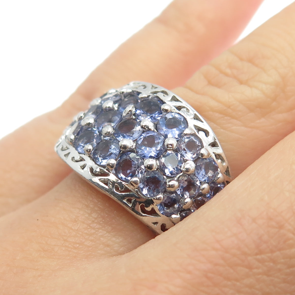 CHUCK CLEMENCY 925 Sterling Silver Real Round-Cut Iolite Cluster Ring Size 7.25