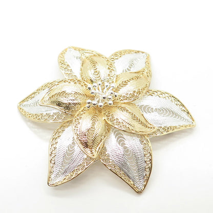 925 Sterling Silver 2-Tone Vintage Filigree Floral Pin Brooch