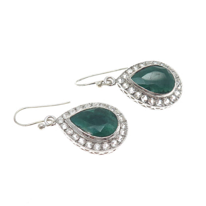 925 Sterling Silver Real Pear-Cut Emerald Round-Cut White Topaz Dangle Earrings