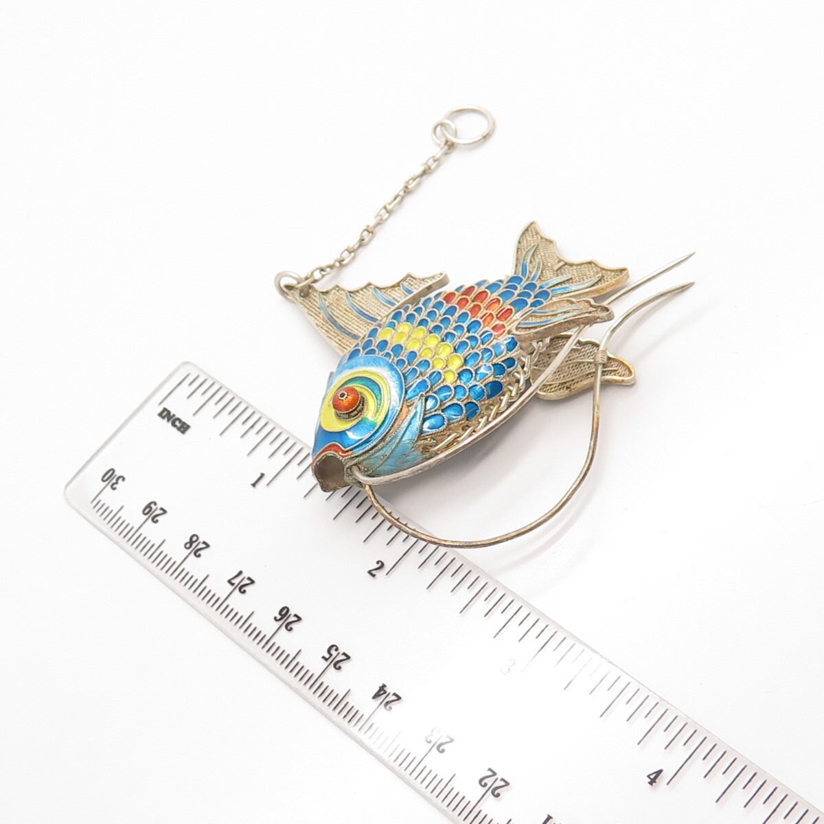 925 Sterling Silver Antique Enamel Chinese Koi Fish Articulated Chatelaine Fob