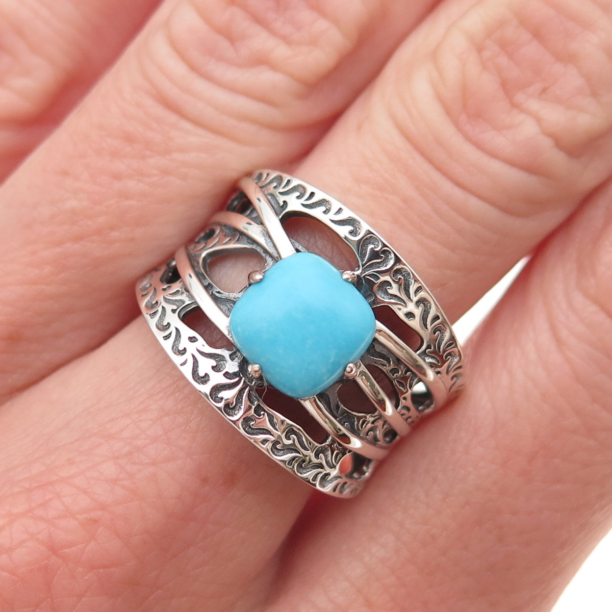 925 Sterling Silver Real Sleeping Beauty Turquoise Floral Oxidized Ring Size 8
