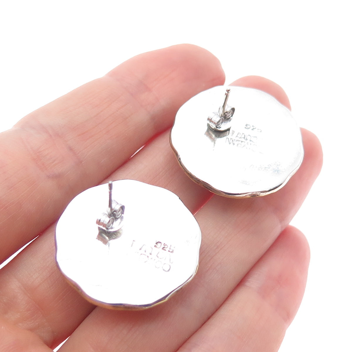 LATON Sterling Silver 2-Tone Vintage Mexico Modernist Flower Oxidized Earrings