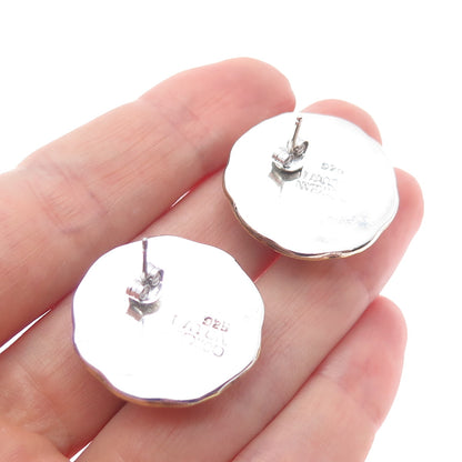 LATON Sterling Silver 2-Tone Vintage Mexico Modernist Flower Oxidized Earrings