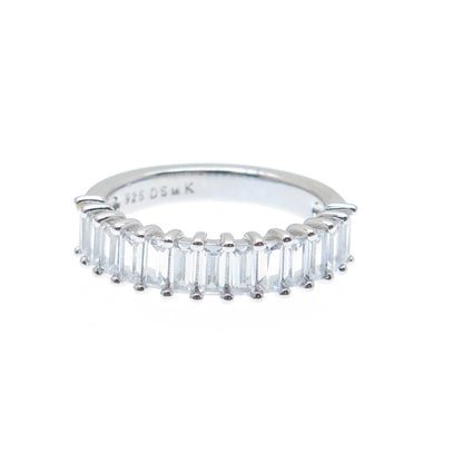 DSMK 925 Sterling Silver Emerald-Cut Shaped C Z Half Eternity Ring Size 7.25